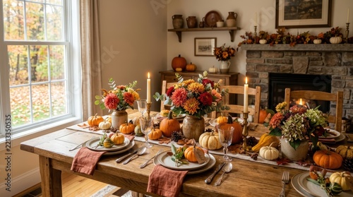 Cozy autumn dining table set with pumpkins, floral arrangements, and candles near fireplace