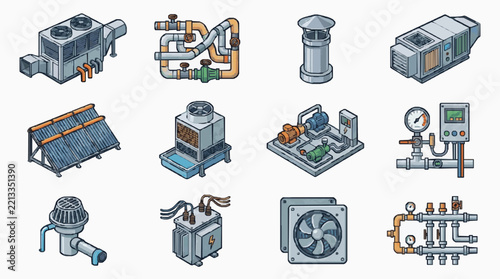 Isometric Collection of HVAC and Plumbing System Components for Technical Diagrams