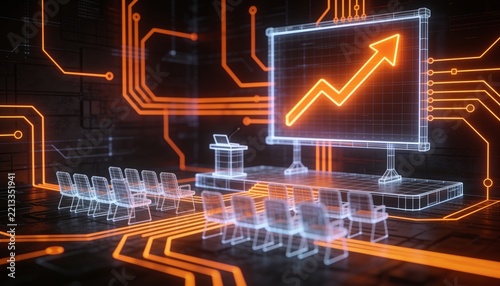 Isometric startup pitch room with glowing orange growth arrow, holographic wireframe presentation screen and chairs in neon circuitry on dark backdrop, venture capital funding illustration