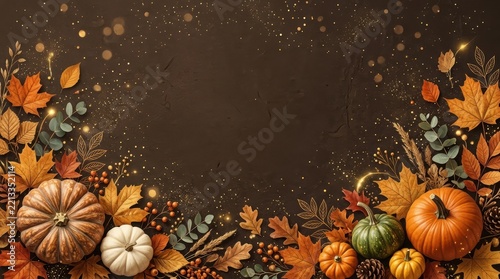 Autumn harvest border with pumpkins, maple leaves, and festive seasonal decorations