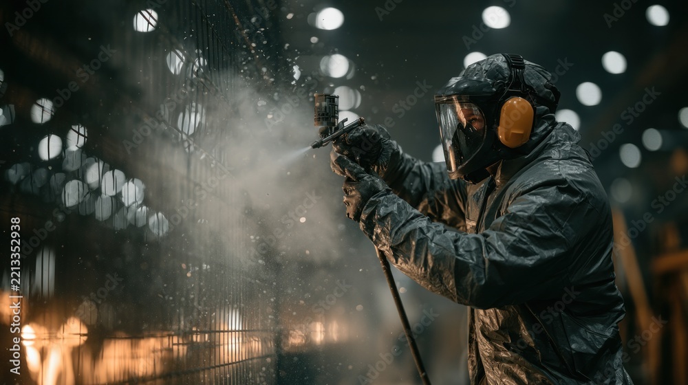 Fototapeta premium Worker in protective gear sprays surface with paint in industrial setting