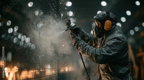 Worker in protective gear sprays surface with paint in industrial setting