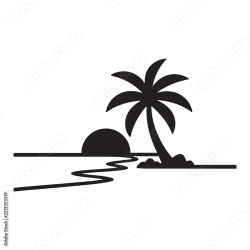 single line beach sunset vector silhouette clip art logo design illustration.