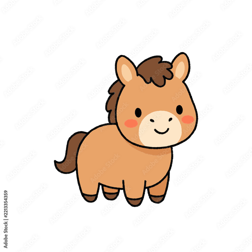 Fototapeta premium Cute kawaii brown horse pony character vector illustration sitting isolated on white background