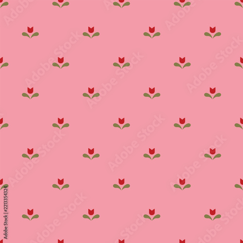 Seamless vector floral paper pattern with small red tulips on a pink background