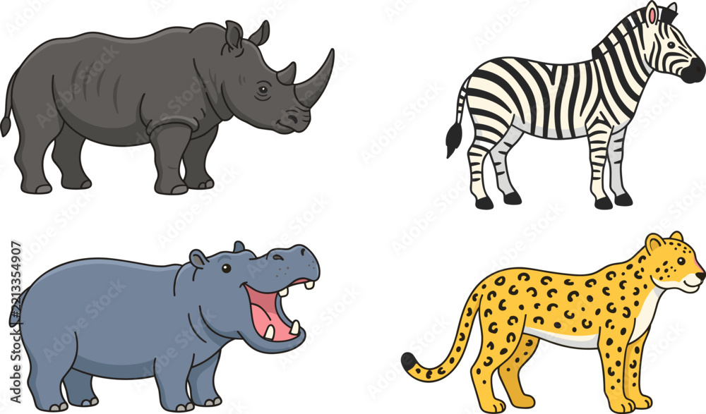 Obraz premium African Safari Animals Vector Illustration Set Featuring Horned Rhinoceros, Striped Zebra, Open Mouth Hippopotamus, and Spotted Leopard Cartoon Icons for Kids Designs