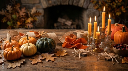 Halloween table centerpiece featuring pumpkins and glowing candles set against a rustic fireplace backdrop.