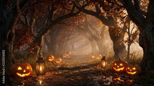 Spooky carved pumpkins and glowing lanterns illuminating a mysterious forest path during an enchanted autumn night.