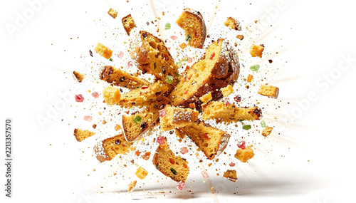 A panettone cake is shown exploding into pieces against a white background. Crumbs and fragments of the cake are scattered in the air.