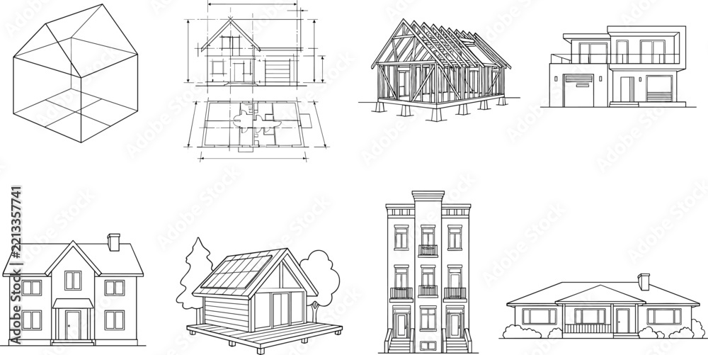 Obraz premium House development stages architectural blueprint framing structures and various residential buildings exterior styles line icons set