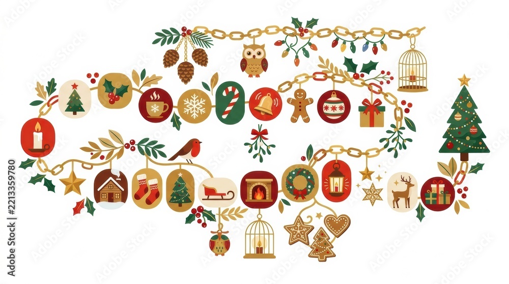 Fototapeta premium Winter decorations showcase Christmas symbols like trees, ornaments, and gifts for the festive season. These details create a joyful atmosphere.