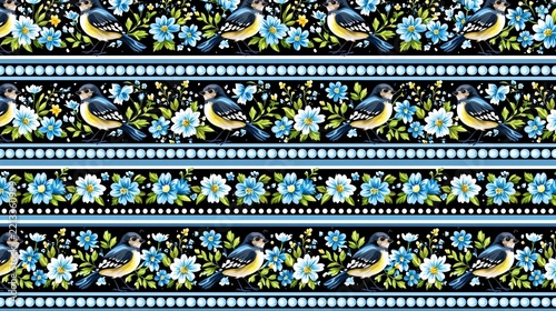 Delicate birds and blue flowers adorn a repeating pattern on a black background.