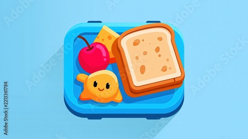 Brightly colored lunchbox filled with a sandwich slice, cheese, a cherry, and a funshaped food item.