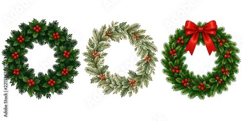Three festive christmas wreaths with berries and ribbon isolated on white