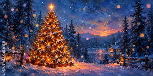 Magical winter scene with a brightly lit christmas tree in a snowy forest