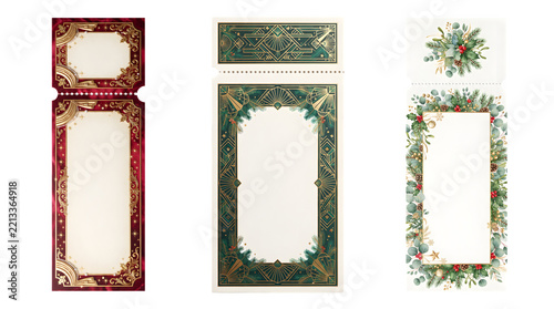 Set of three elegant christmas ticket templates with vintage gold frames and festive botanical decorations isolated on transparent background