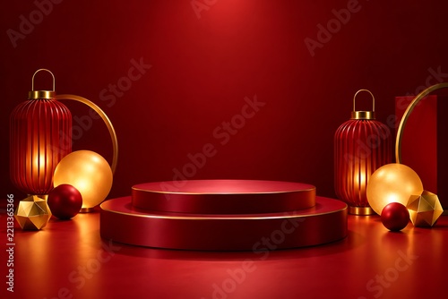 Elegant red stage with golden accents for product presentation or display