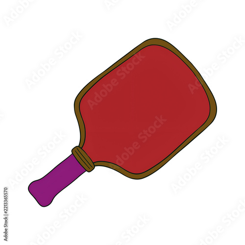 Red pickleball paddle illustration with a purple handle and brown border, professional sports equipment for fitness and competitive recreation games, clean cartoon style isolated on white