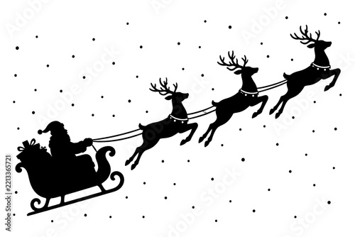 Vintage illustration of santa claus in a sleigh pulled by reindeer in snowfall