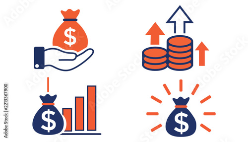 Financial and business investment growth icons set with money bag and coins