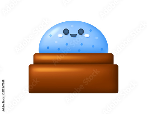 3D style illustration of a cute sparkling blue squishy dumpling toy placed inside a small brown steamer basket. Symbol, icon, design element