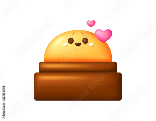 3D style illustration of a cute yellow dumpling squishy toy located in a small brown steamer basket, heart symbol. loves squishy. symbol, icon, design element