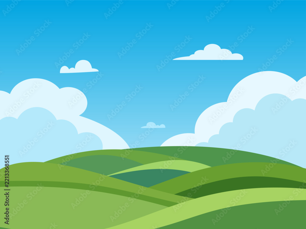 Fototapeta premium A rolling green hill under a clear blue sky with fluffy white clouds. This is a serene and picturesque landscape, evoking a sense of peace and tranquility