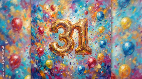 Festive celebration background featuring large golden number thirty balloons surrounded by colorful floating balloons and shimmering confetti for a special thirtieth birthday party event scene