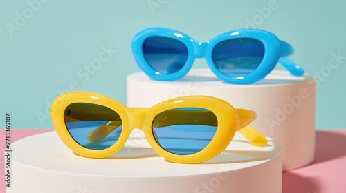 Two vibrant colored eyeglasses displayed on pedestals against a pastel backdrop.