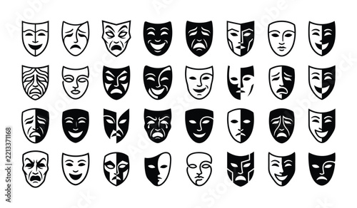 Collection of theatrical drama masks showing comedy and tragedy expressions
