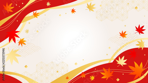紅葉もみじの葉・青海波をあしらった赤と金の和風背景フレーム