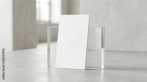A blank white vertical business card held upright by a transparent acrylic block on a light grey concrete surface in a bright room setting isolated on a transparent background
