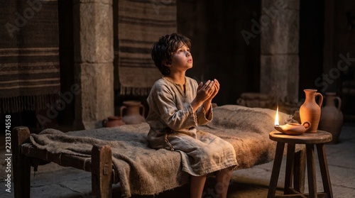 Biblical scene of child Samuel praying on wooden bed by glowing oil lamp in ancient temple sanctuary answering divine call, Old Testament