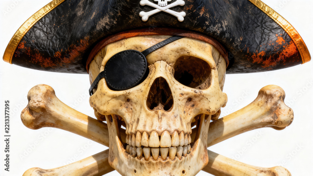 Fototapeta premium Closeup view of skull wearing pirate captain cap with crossing bone. The decoration element for Halloween., halloween holiday festive image design