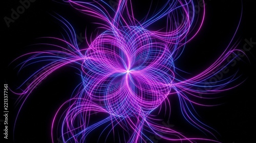 Top-down glowing holographic spirograph motion traces with negative space