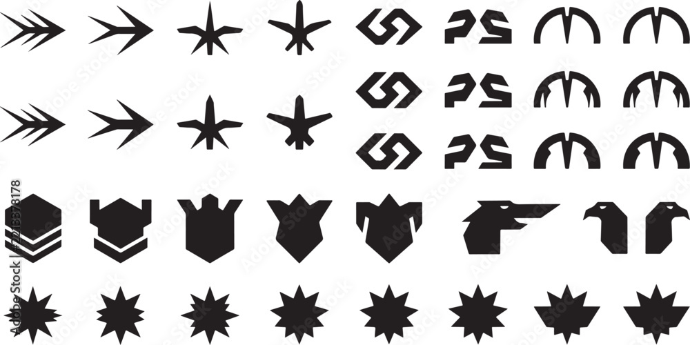 Fototapeta premium Set of abstract geometric shapes arrows and animal heads for logos and graphic applications.