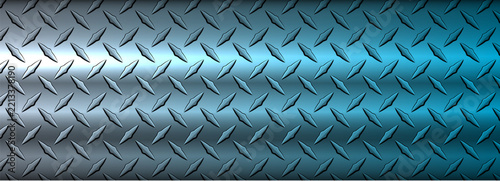 Silver blue metal banner with diamond plate pattern, shiny metallic texture industrial background.
