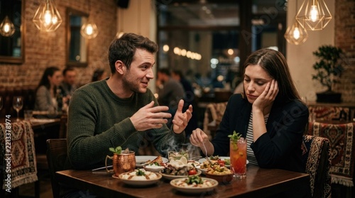 Dinner date encounter: ego monologue, boring conversation, talkative man, bored woman, restaurant table, gourmet dish, cocktail drink, evening relation, meal meeting.