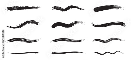 Brush stroke lines of black marker texture. Highlighter brush stroke lines for underline banners. Vector paint ink stroke lines or underlines on white background