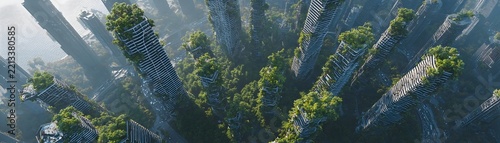 Aerial view of futuristic vertical forest skyscrapers and canopy
