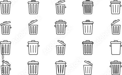 Trash can dustbin garbage delete recycle bin icon set in linear outline style vector illustration