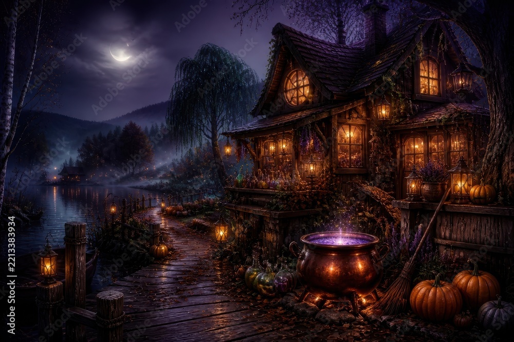 Obraz premium Enchanted lakeside cottage glows beneath a moonlit autumn sky