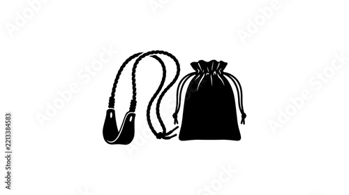 Ancient projectile sling and drawstring pouch silhouette icon