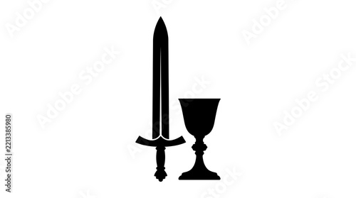 Medieval sword and chalice goblet silhouette isolated on white