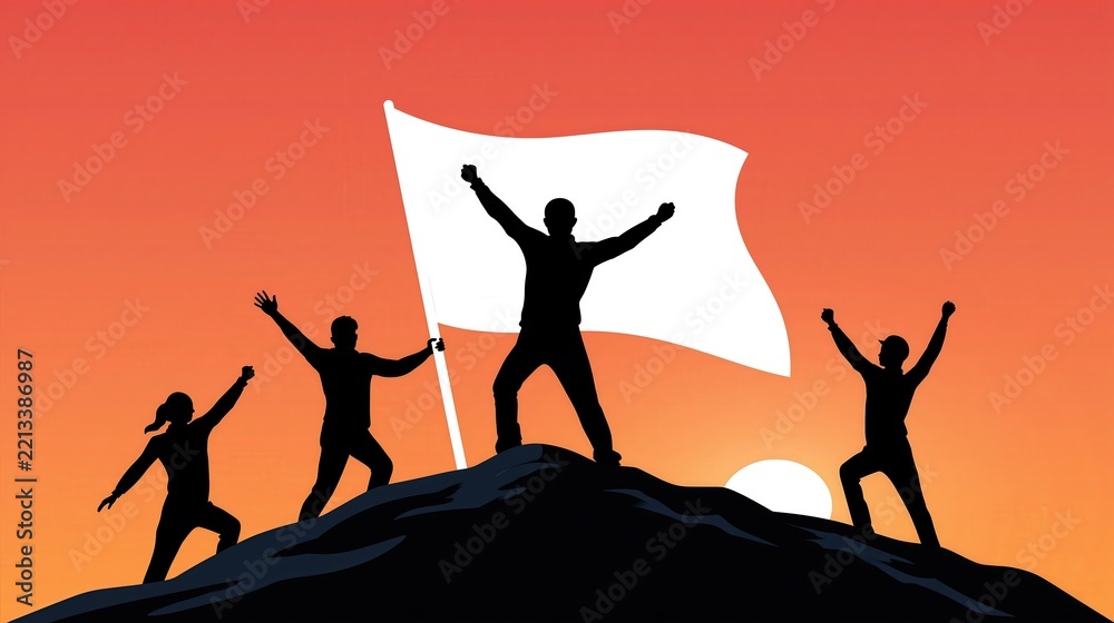 Obraz premium Silhouettes of triumphant people celebrating on a mountaintop with a flag at sunset.