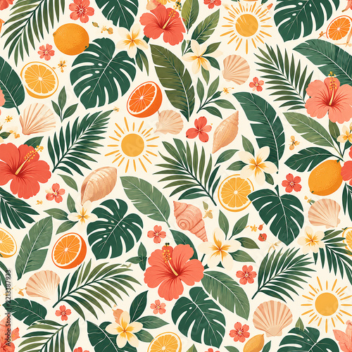 Cheerful Tropical Summer Photography: Vibrant Exotic Leaves, Colorful Flowers, Fresh Fruits, and Bright Seasonal Elements