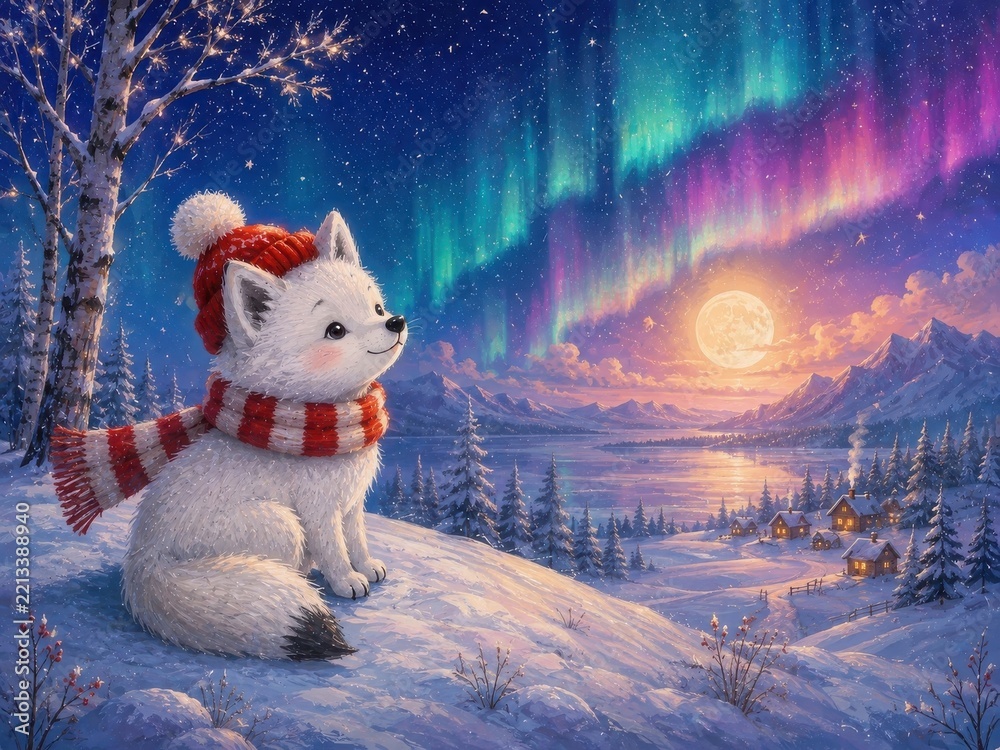 Fototapeta premium Cute winter fox beneath aurora sky above snowy mountain village