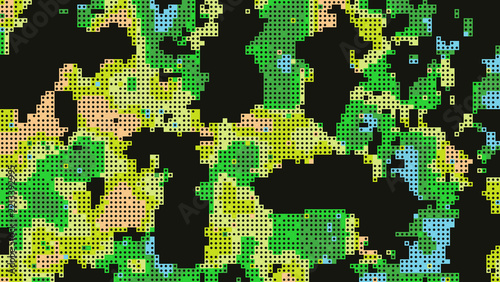 Green and yellow digital pixel halftone texture on black background as transparent PNG