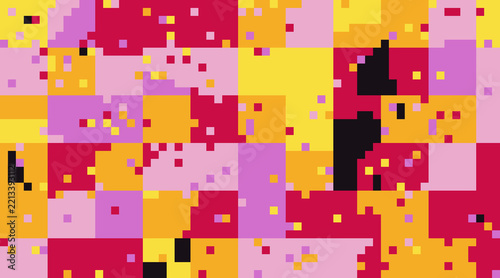 Colorful abstract square grid pattern with yellow and pink pixel blocks isolated as PNG
