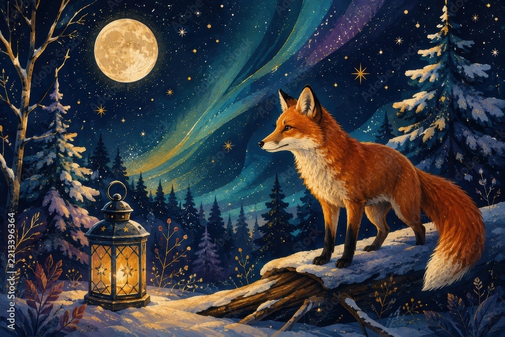 Fototapeta premium Fox beneath moonlit aurora in a snowy winter forest
